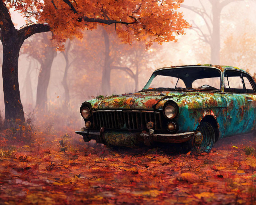 Abandoned rusty car under autumn trees with fallen leaves and misty forest.