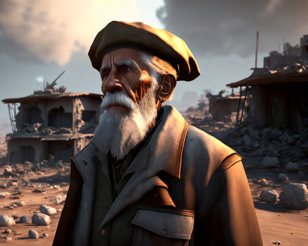 Elderly man in beret and coat gazes at war-torn landscape