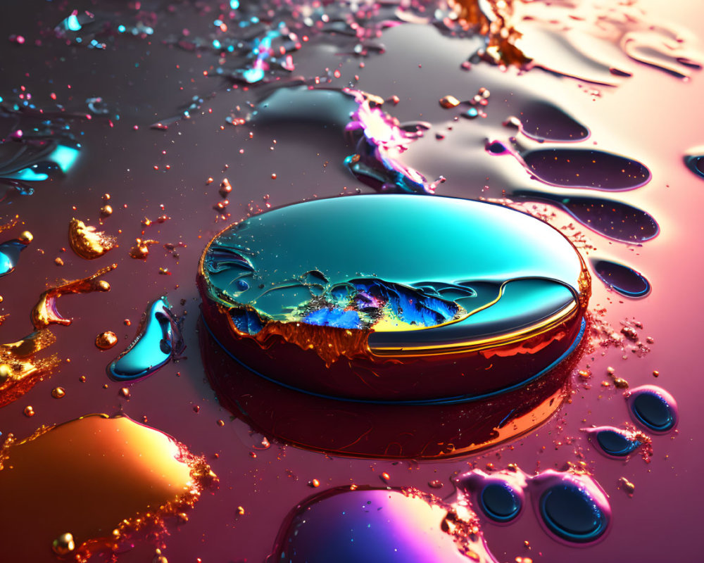 Colorful liquid splashes and droplets around glossy capsule on reflective surface