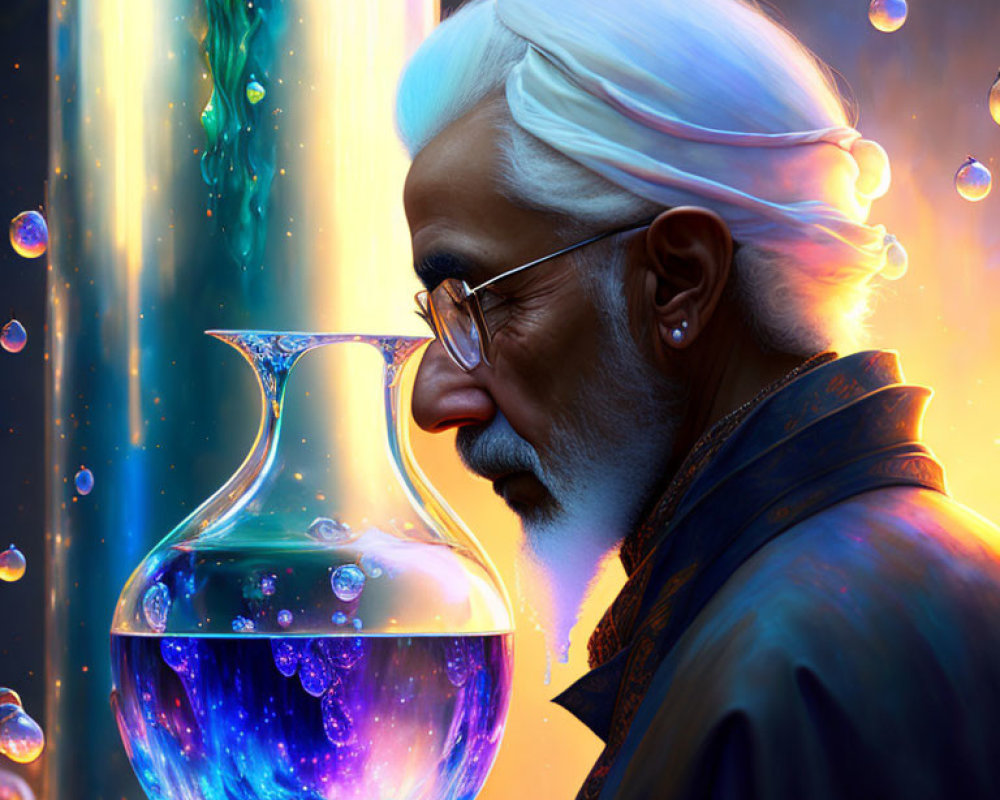 Elderly man with white hair holding blue potion in flask, glowing background.