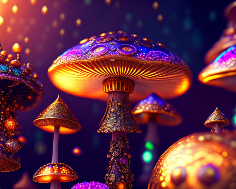 Bioluminescent mushrooms with intricate patterns on dark, sparkling background