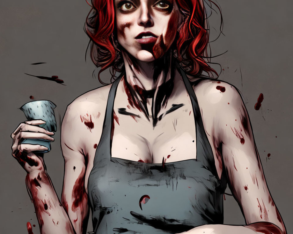 Red-Haired Woman Covered in Blood Holding Wine Glass Illustration