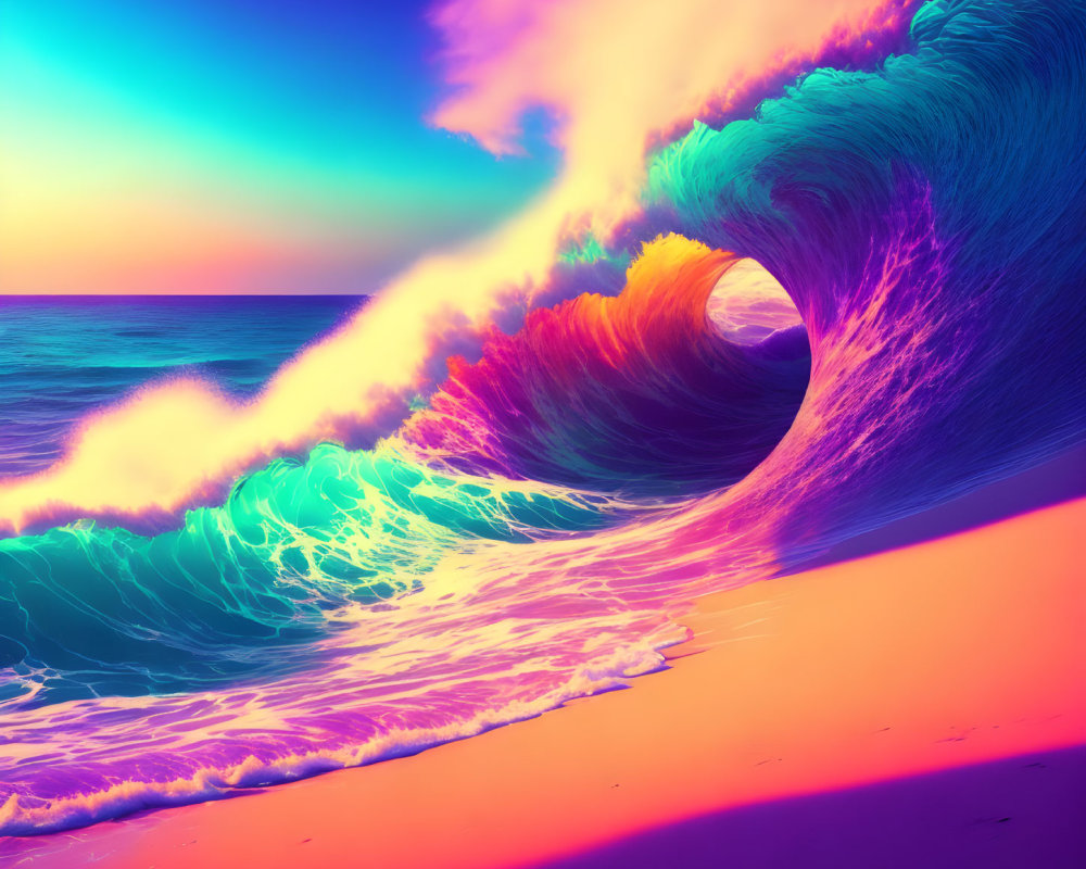 Colorful digitally altered image of large wave on pink beach