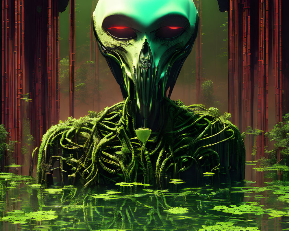 Alien digital art with large head, red eyes, vine textures in forest scene