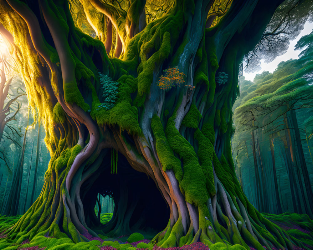 Mystical forest scene with moss-covered hollow tree