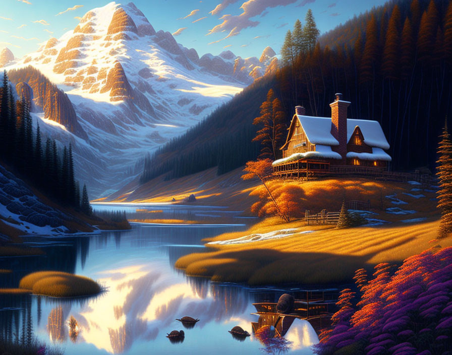 Tranquil mountain landscape with cozy cabin by a sunset-lit lake