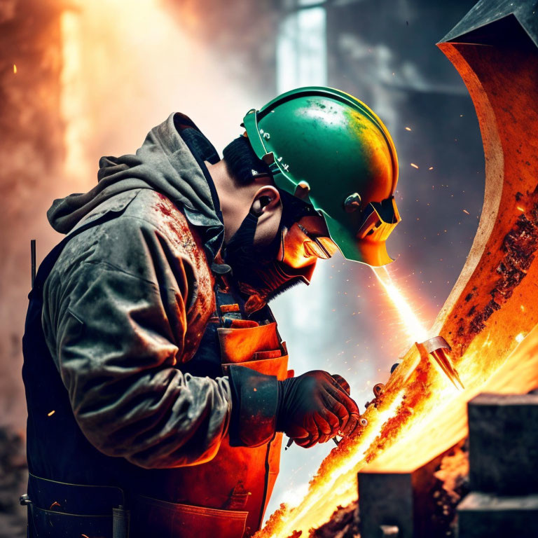 Welder in protective gear using torch on metal with sparks in industrial setting