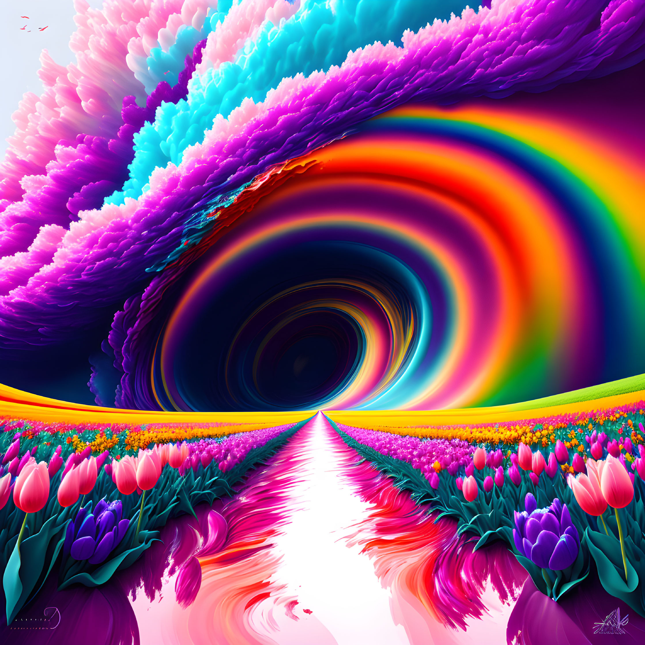 Colorful digital artwork: Rainbow vortex with pink clouds and tulips
