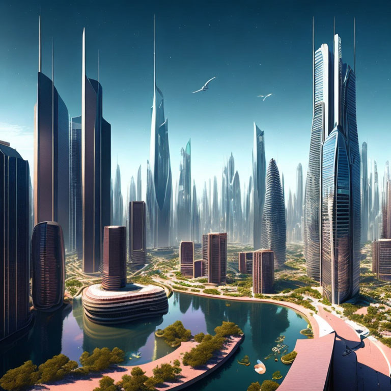 Futuristic cityscape with skyscrapers, waterfront, greenery, and birds