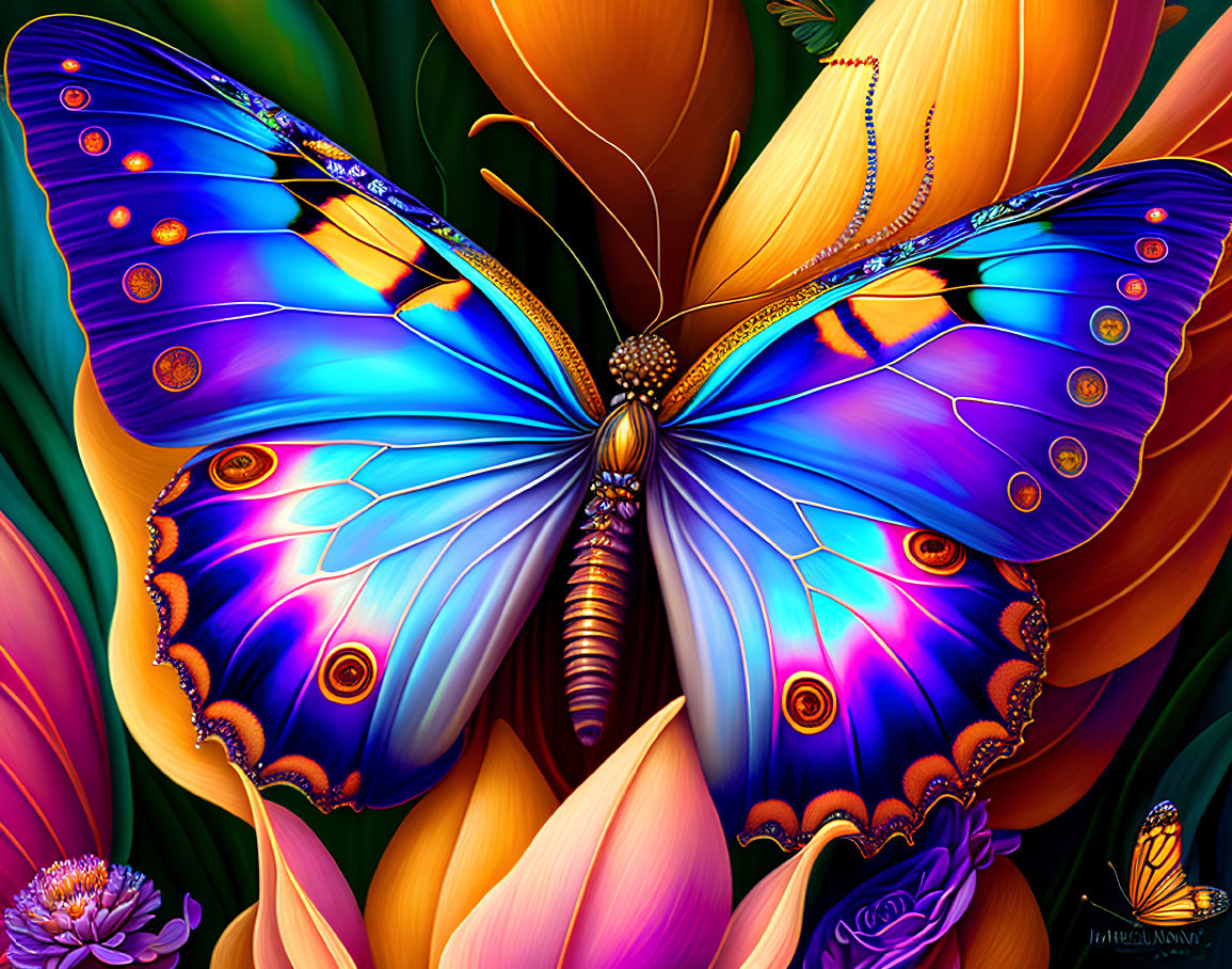 Colorful Butterfly Art with Blue and Purple Wings on Flowers and Foliage