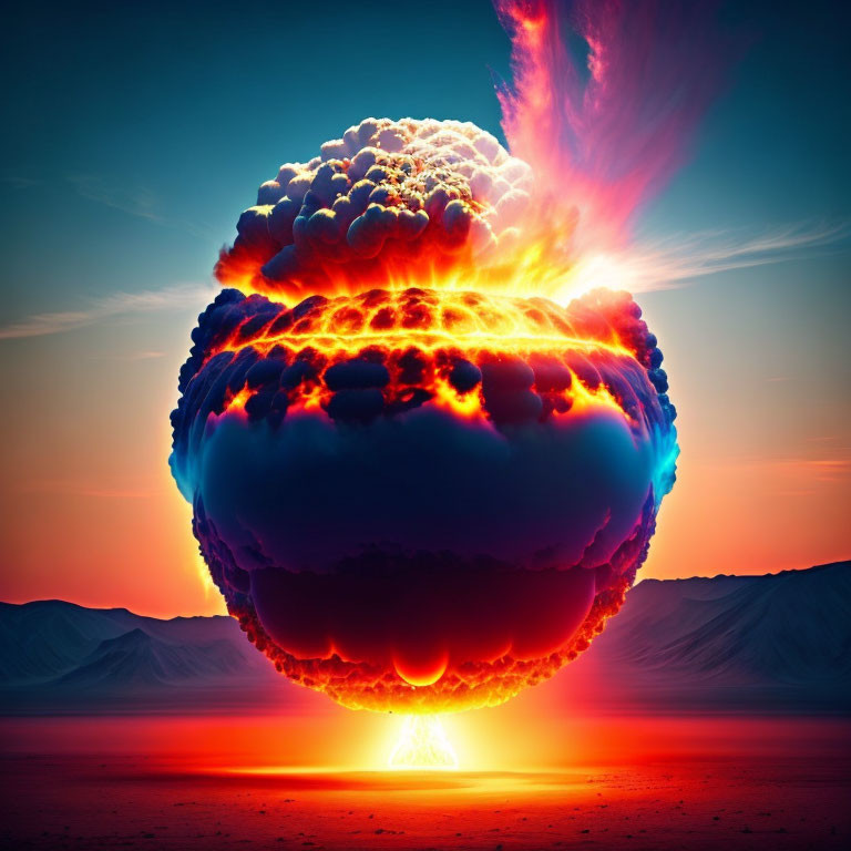 Fiery explosion resembling nuclear blast in twilight sky