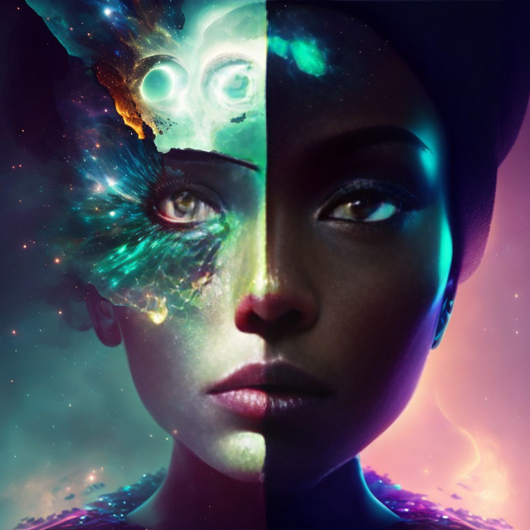 Split-image of woman: natural side with black beret, cosmic side with stars, nebulas