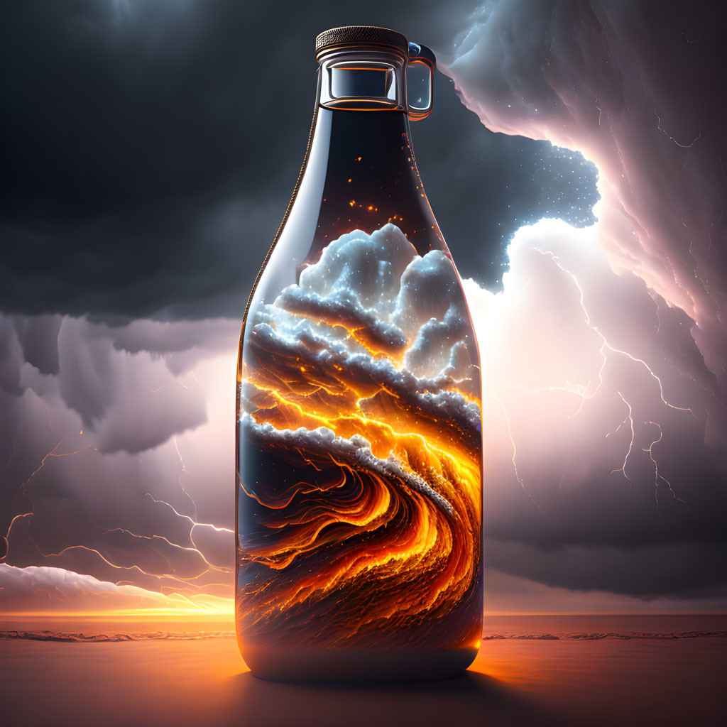 Glass bottle with stormy sky and swirling lava scene.