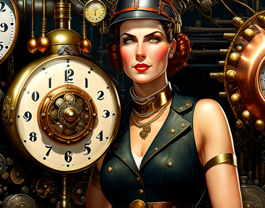 Steampunk-themed woman with mechanical hat and gears.