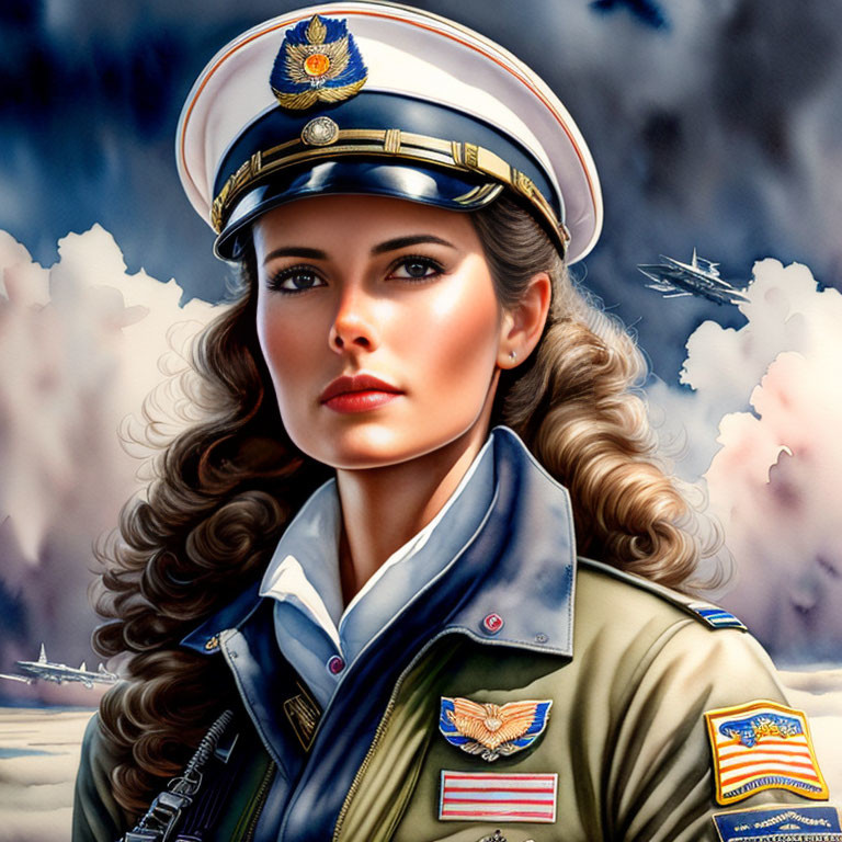 Illustration of woman in military uniform with badges, fighter jets in background
