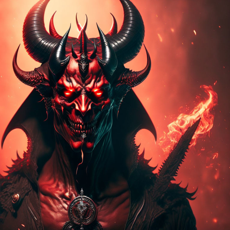Sinister demon with glowing eyes and sharp horns holding a flame against fiery backdrop