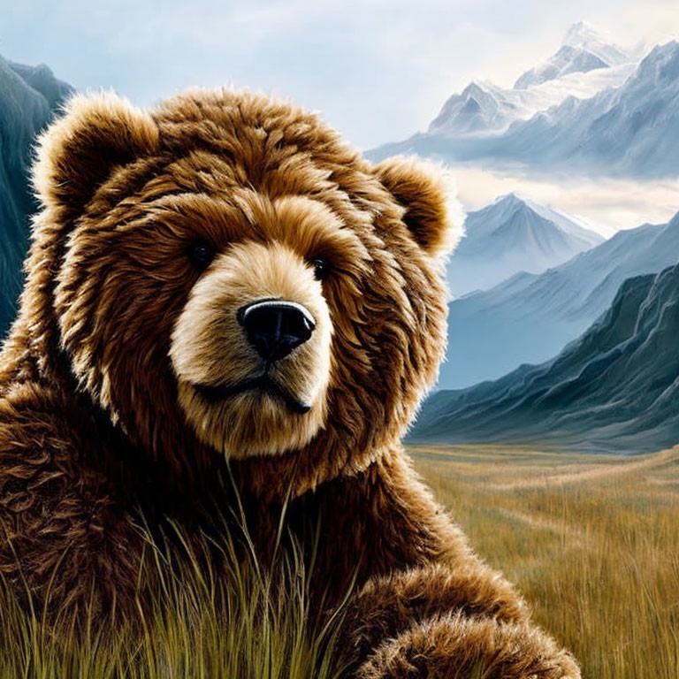 Detailed Illustration: Brown Bear with Gentle Expression in Mountain Landscape