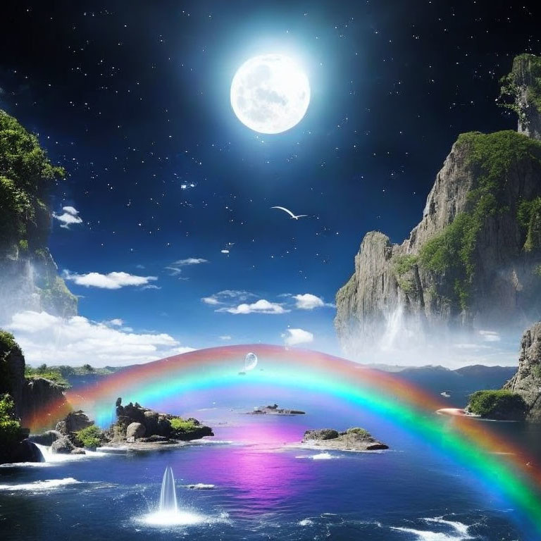 Vibrant rainbow over surreal landscape with moon and bird