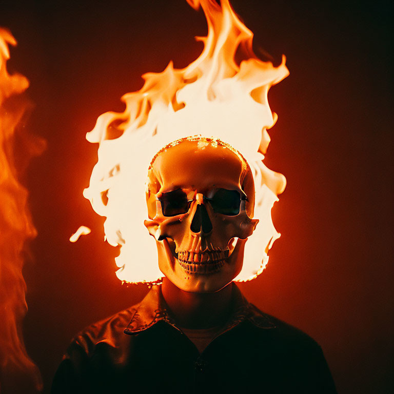Skull mask with flames on dark warm backdrop