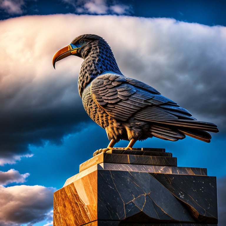 Majestic bird with intricate feathers on stone structure under dramatic sky