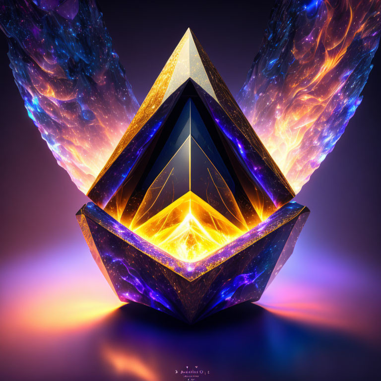Colorful geometric crystal core surrounded by nebula-infused shards on gradient backdrop