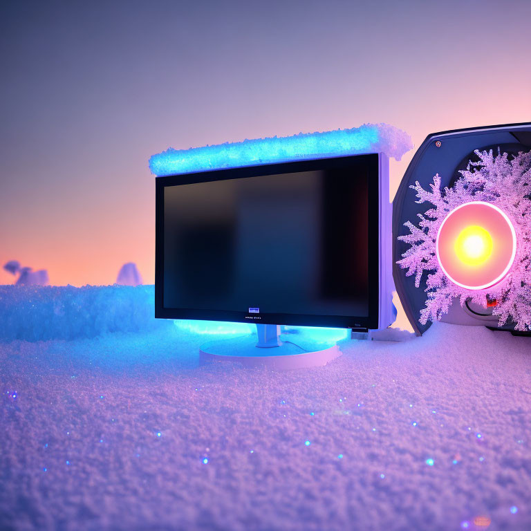 Snow-covered computer monitor and speaker under neon lights in twilight sky
