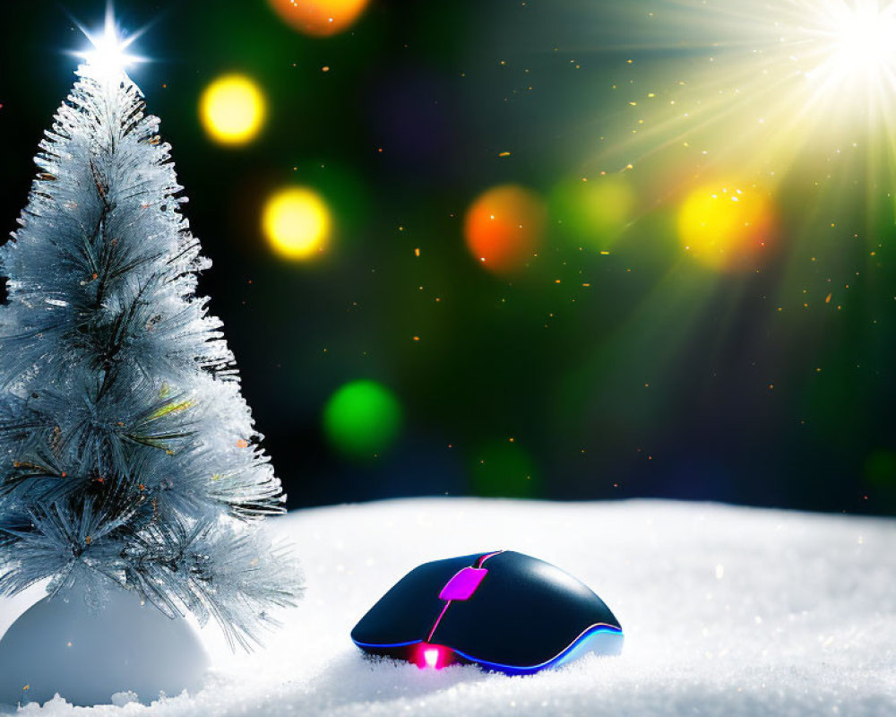 Colorful Backlit Computer Mouse on Snow with Christmas Tree and Bokeh Lights