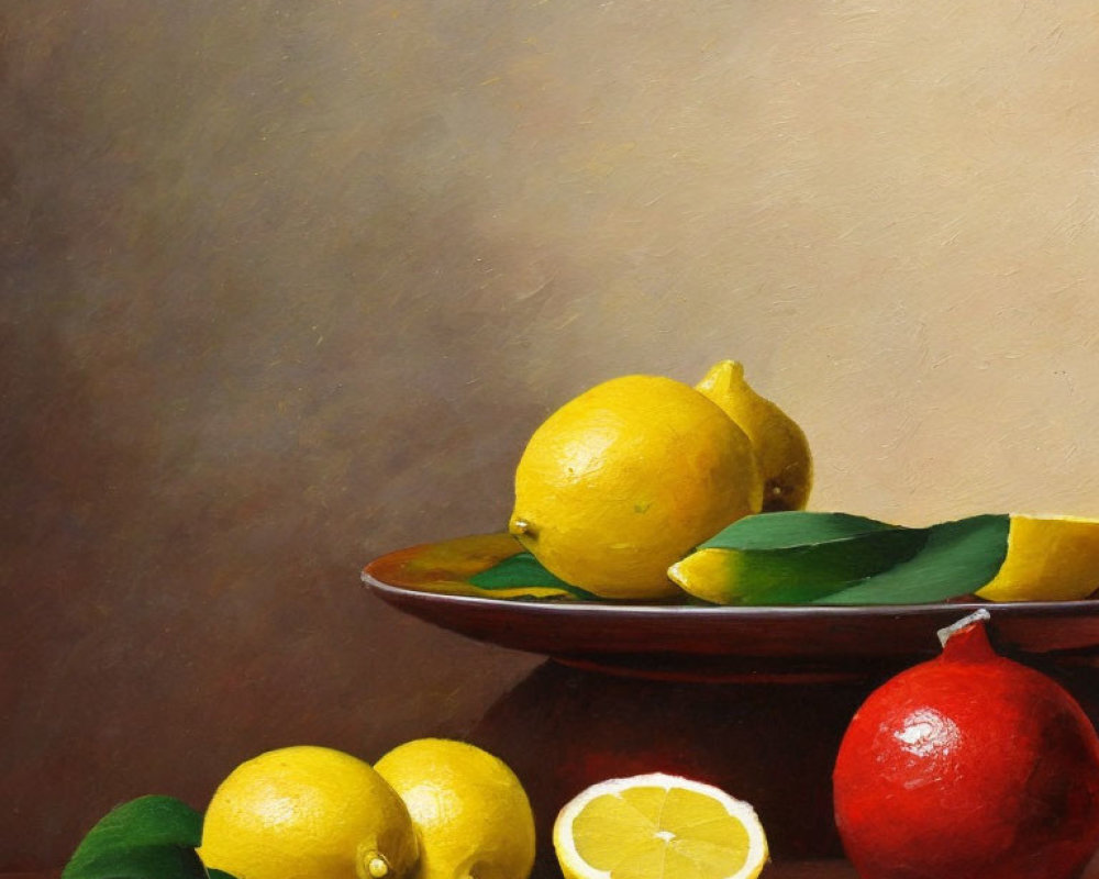 Ripe lemons and pomegranate on brown plate in still life painting