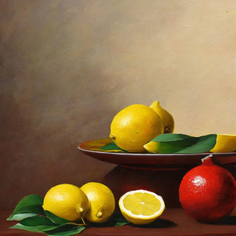 Ripe lemons and pomegranate on brown plate in still life painting