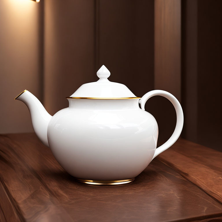 White Ceramic Teapot with Gold Trim on Wooden Tabletop