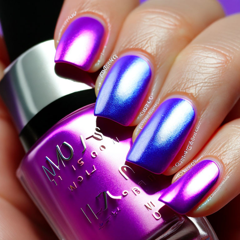 Close-Up of Shiny Purple and Blue Gradient Nail Polish with Brand Logo Bottle