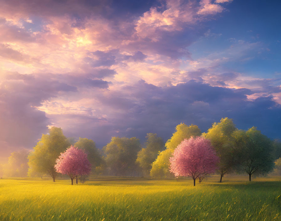 Vibrant green grass and pink-blossomed trees under a dramatic sky