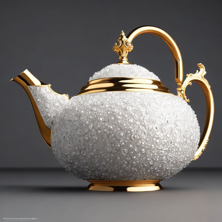 Textured white teapot with gold accents on grey background