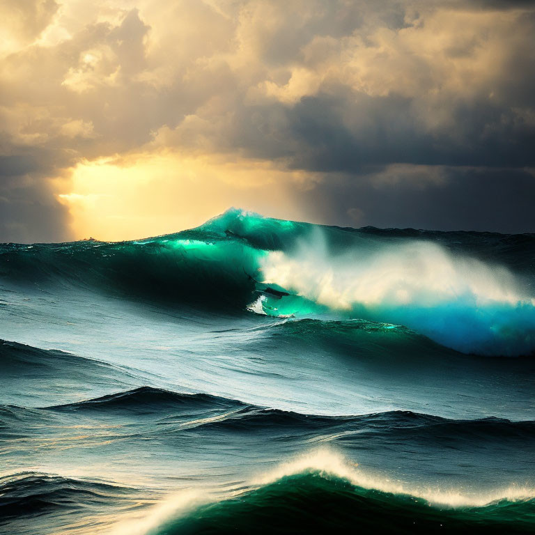 Sunset light on stormy ocean waves: Majestic crests and curves spotlighted