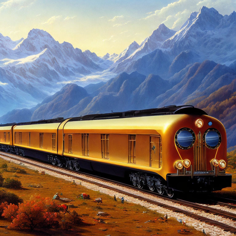 Vintage golden train in scenic valley with mountains and grazing deer