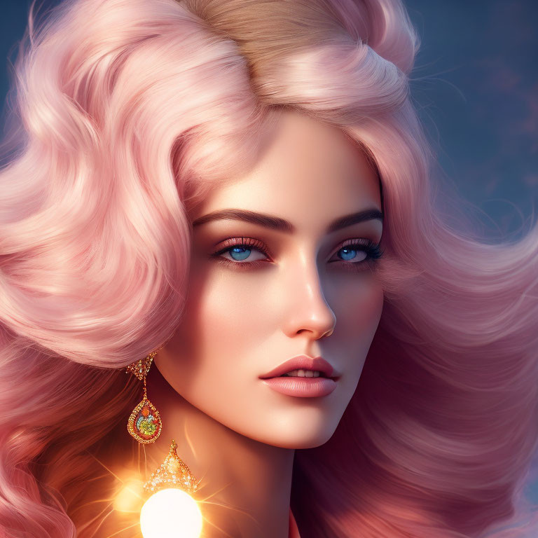 Illustration of woman with voluminous pink hair and blue eyes wearing intricate earrings.