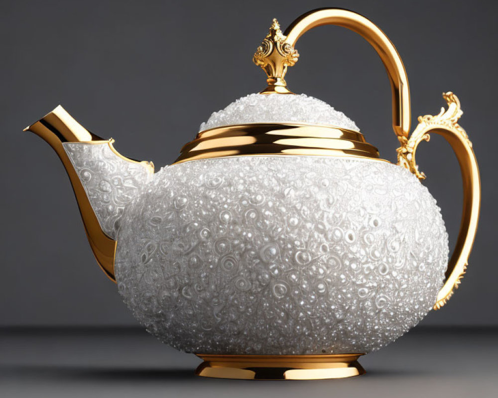 Textured white teapot with gold accents on grey background