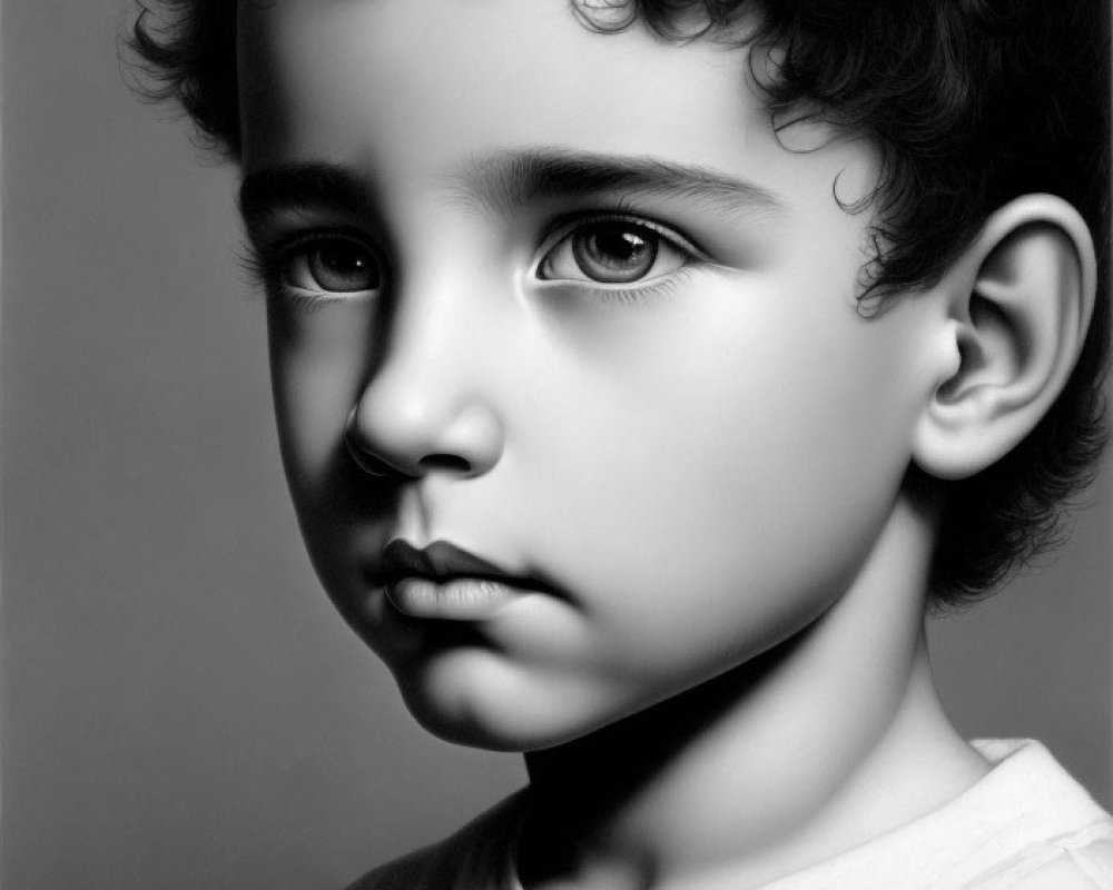 Monochrome portrait of a young child with curly hair and expressive eyes