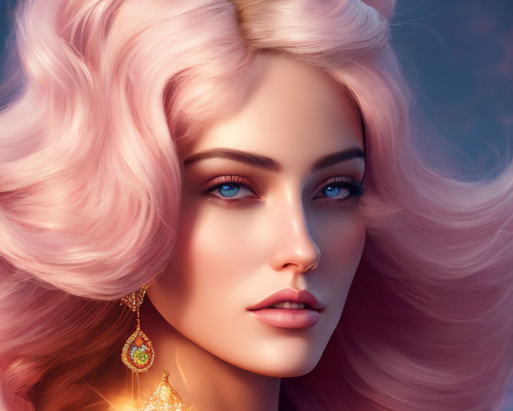 Illustration of woman with voluminous pink hair and blue eyes wearing intricate earrings.