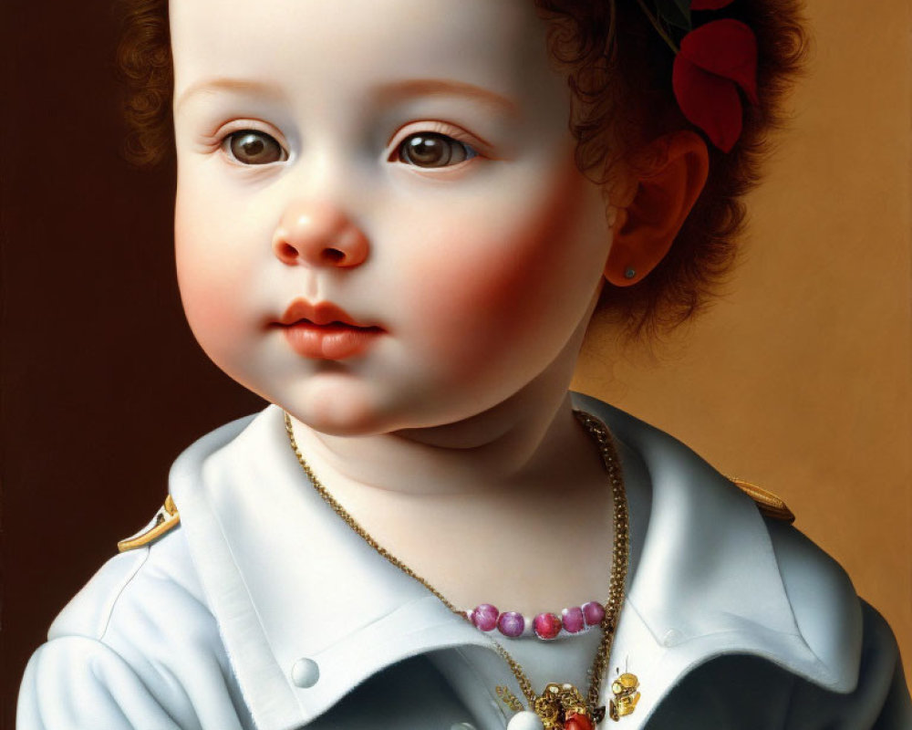 Detailed Hyperrealistic Child Portrait with White-and-Blue Outfit and Expressive Gaze