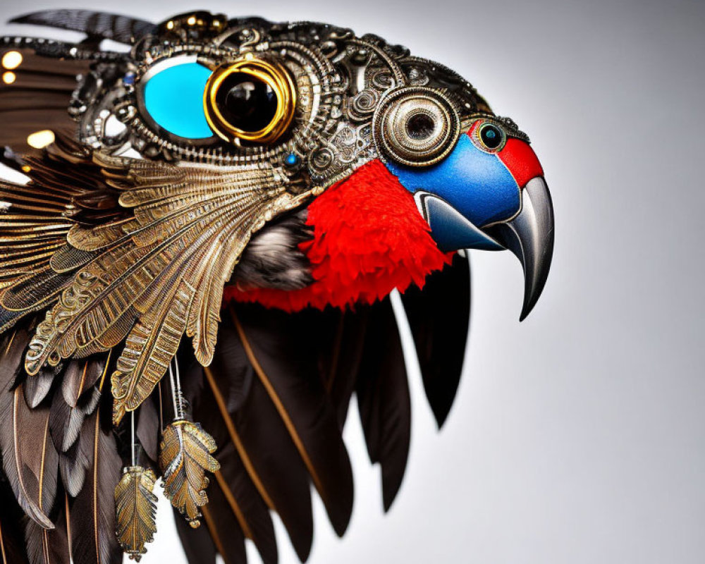 Mechanical parrot with metallic feathers and gears on grey background
