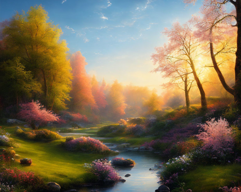 Colorful sunrise landscape with stream and flowering bushes