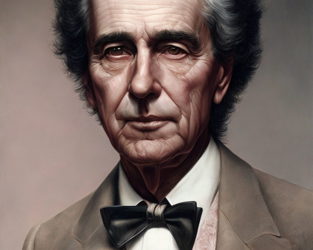 Illustration of older man with furrowed brows, white hair, black bow tie, beige suit