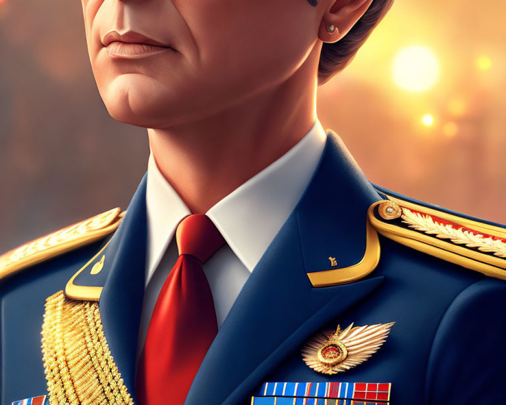 Military officer illustration in decorated uniform with medals, stern expression, explosion background.