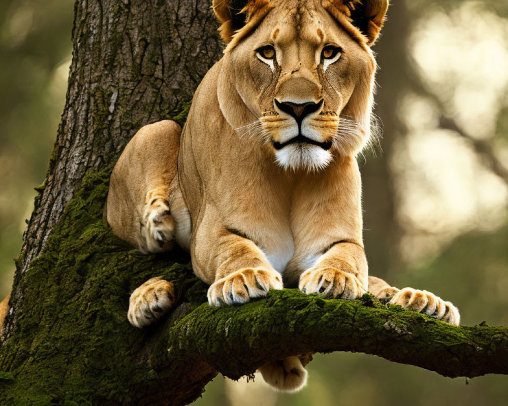 Lioness resting on tree branch in forest setting