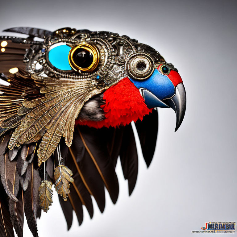 Mechanical parrot with metallic feathers and gears on grey background
