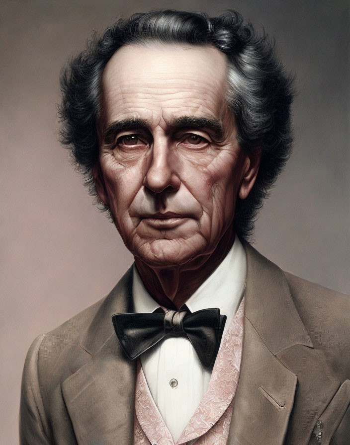 Illustration of older man with furrowed brows, white hair, black bow tie, beige suit
