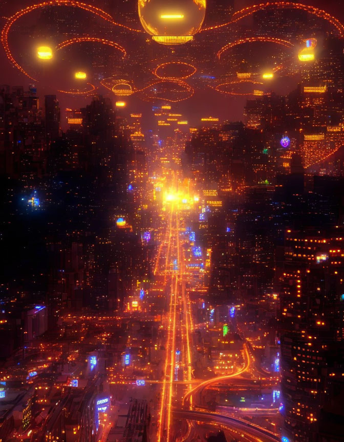 Futuristic cityscape at night with neon lights and flying vehicles