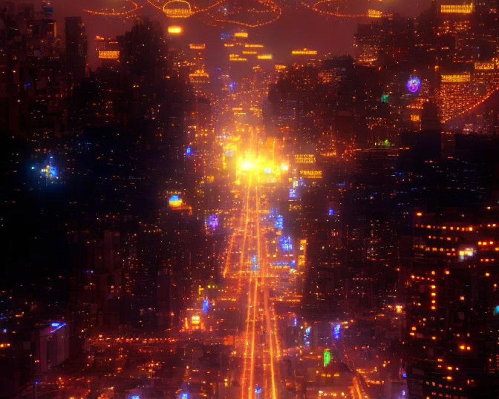 Futuristic cityscape at night with neon lights and flying vehicles