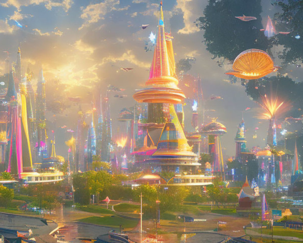 Futuristic cityscape with towers, neon lights, parklands, and flying creatures